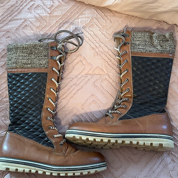 Quilted Lace-Up Tall Boots in Brown and Black - Picture 2 of 7